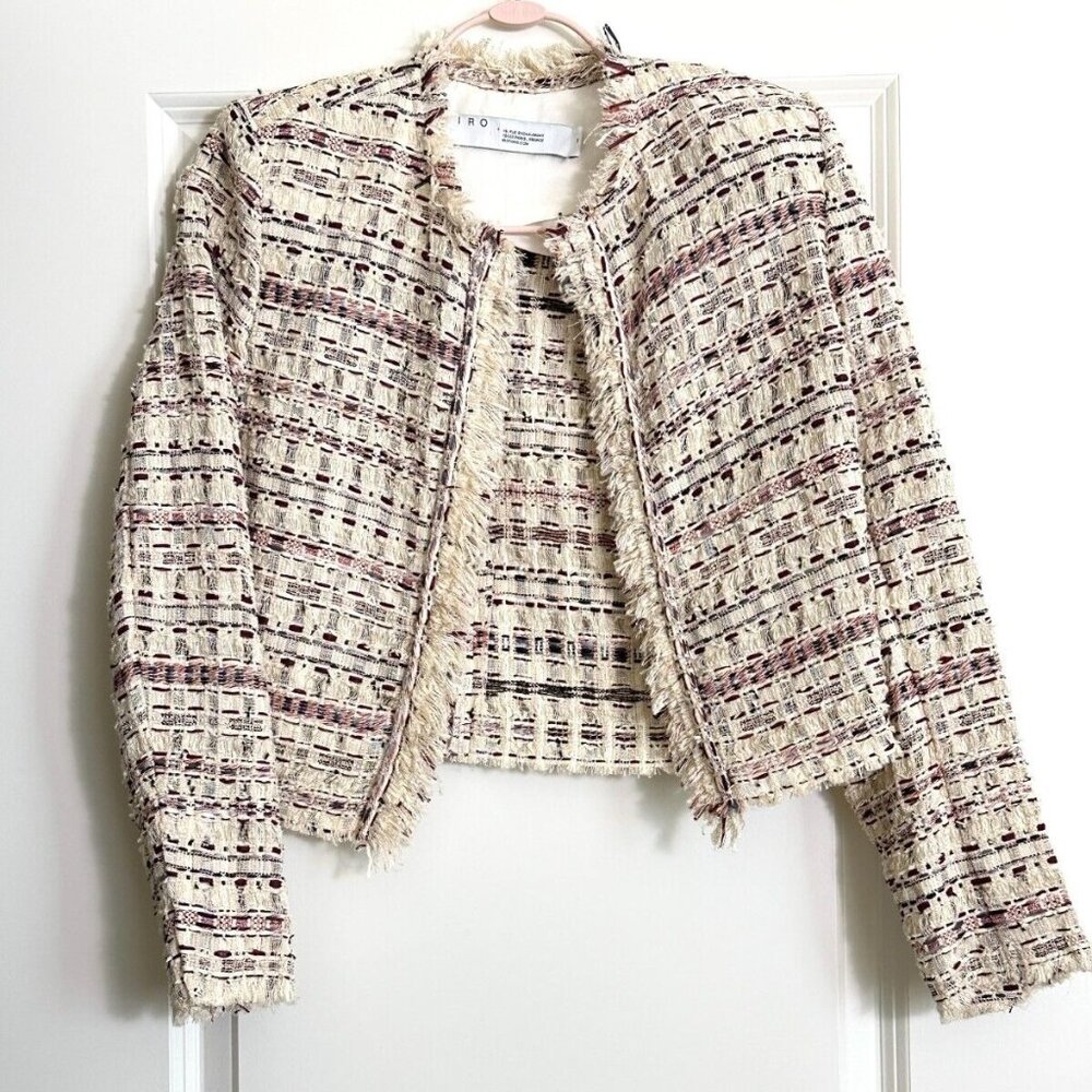 Women's IRO Locali Cropped Frayed Tweed Jacket in Ivory Multi Size FR38 US M